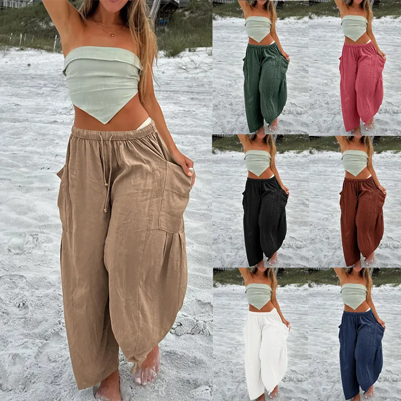 Spring And Summer  Europe And The United States Elastic Waist Pleated Waist Straight Pants Loose Casual Cotton And Linen Pants