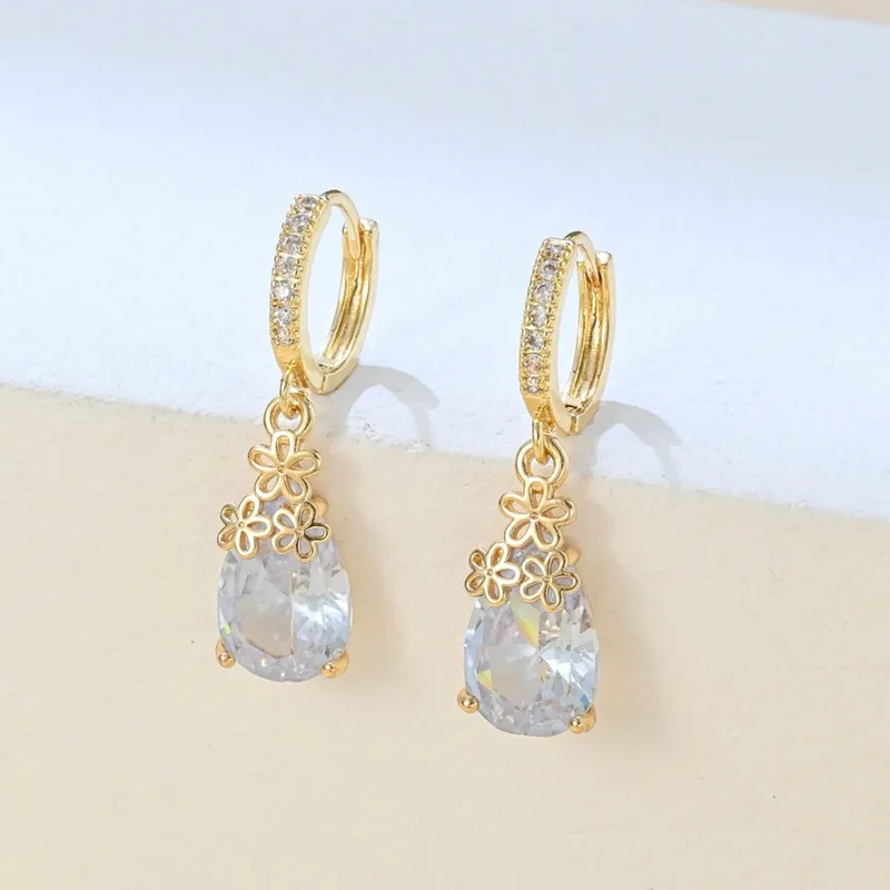 1 Pair Sweet Water Droplets Flower Inlay Copper Zircon Drop Earrings