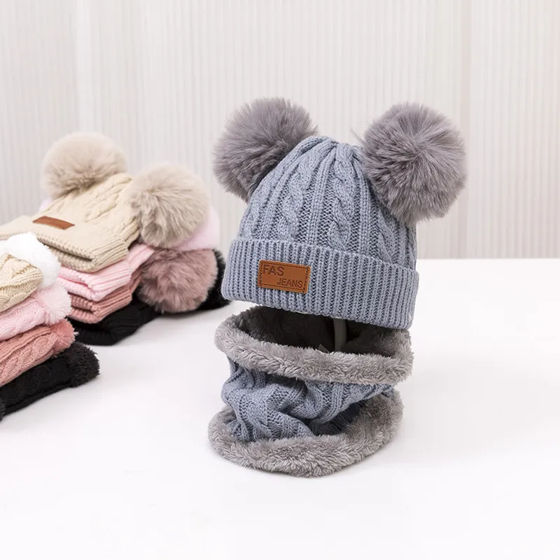 Double-ball Children's Knitted Hat Scarf Two-piece Set Winter Warm  Children's Wool Hat With Velvet Scarf