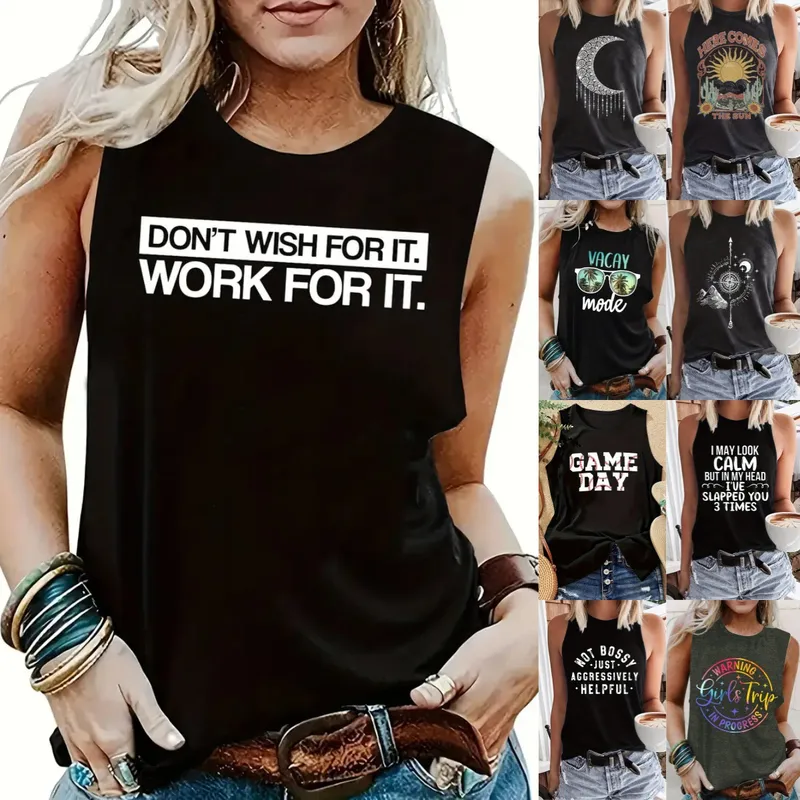 Women's Pullovers Vest Tank Tops Casual Letter Moon