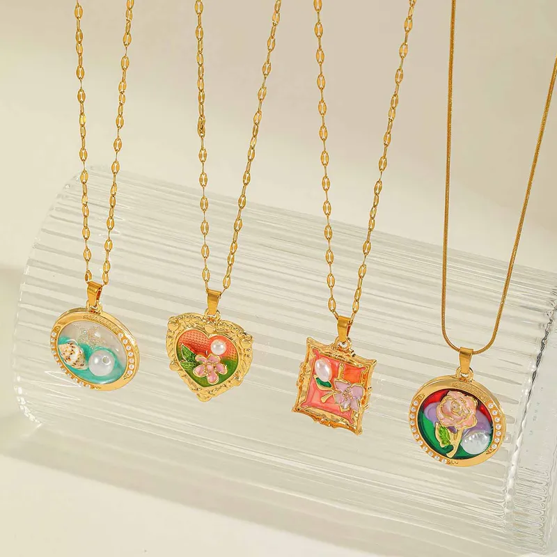 Casual Cute Artistic Conch Heart Shape Flower 304 Stainless Steel Epoxy Inlay Acrylic Imitation Pearl 18K Gold Plated Women's Pendant Necklace
