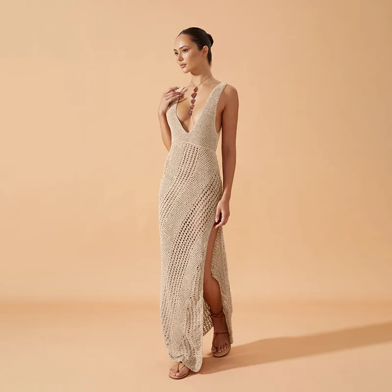 Women's Sundress Elegant Sexy V Neck Thigh Slit Backless Sleeveless Solid Color Maxi Long Dress Beach