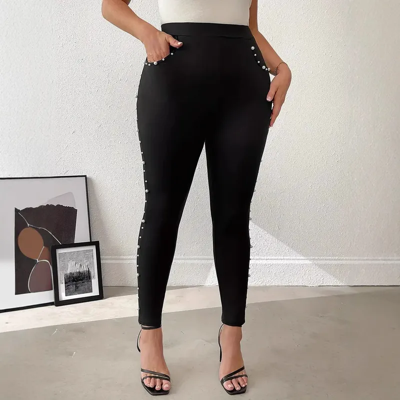Daily Casual Solid Color Full Length Inlaid Pearls Skinny Pants