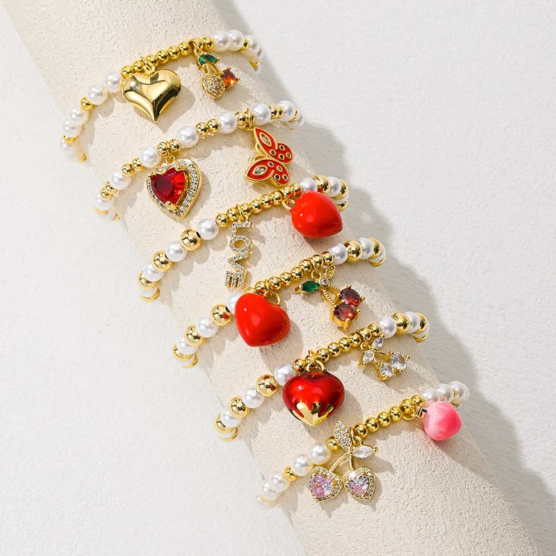 IG Style Cherry Heart Shape Butterfly Artificial Pearl Copper Enamel Inlay Zircon 18K Gold Plated Unisex Bracelets