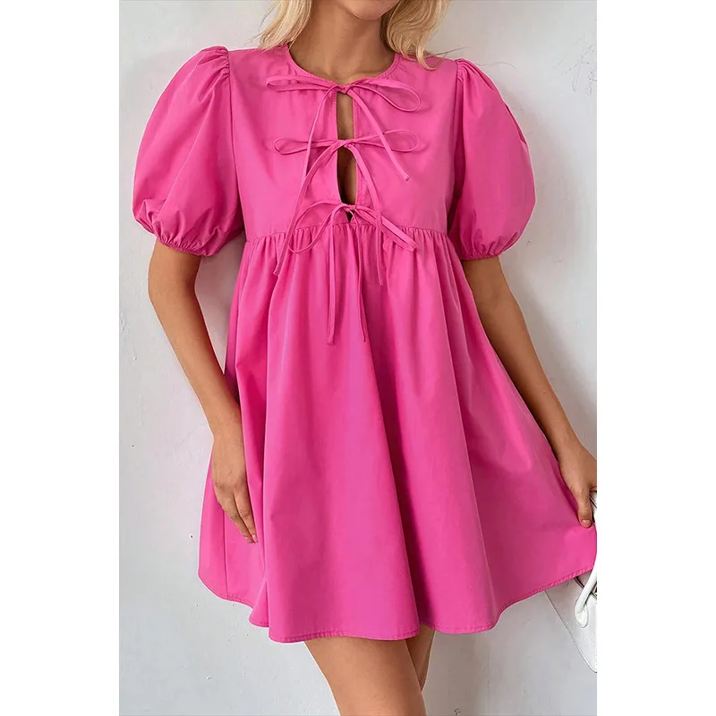 Women's T Shirt Dress Casual Elegant Round Neck Bowknot Short Sleeve Solid Color Above Knee Daily