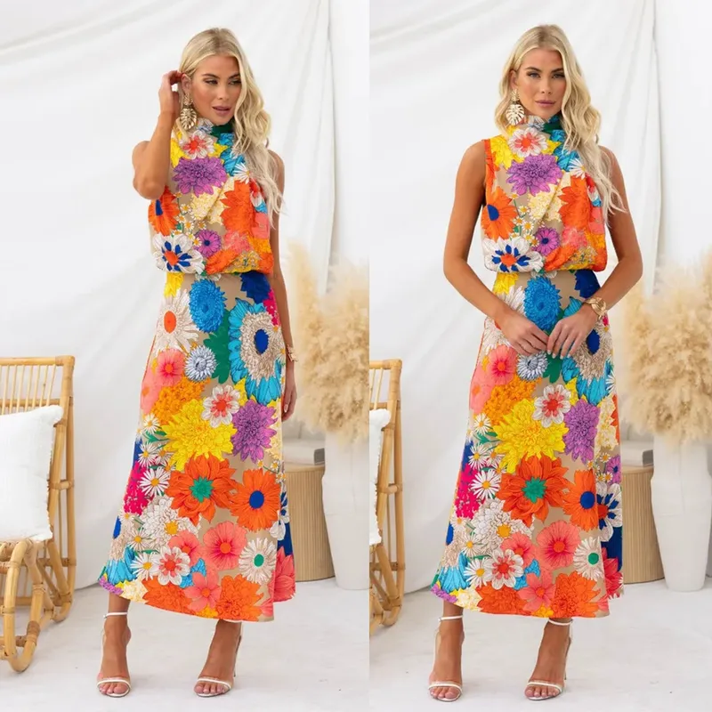 Women's Sheath Dress Vacation Round Neck Sleeveless Flower Midi Dress Holiday