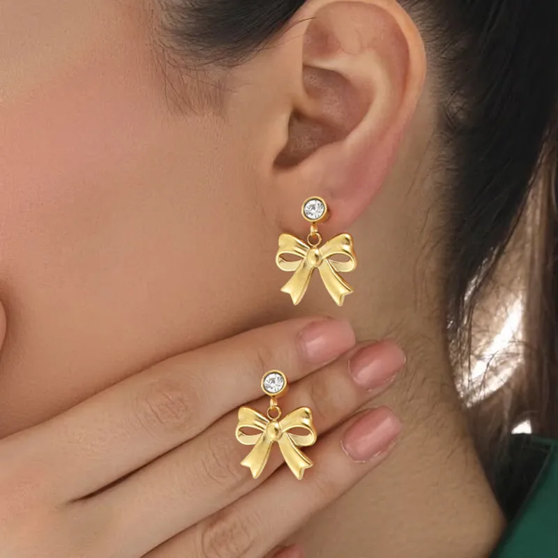 1 Pair Elegant Simple Style Classic Style Bow Knot 201 Stainless Steel 304 Stainless Steel Copper Zircon Drop Earrings