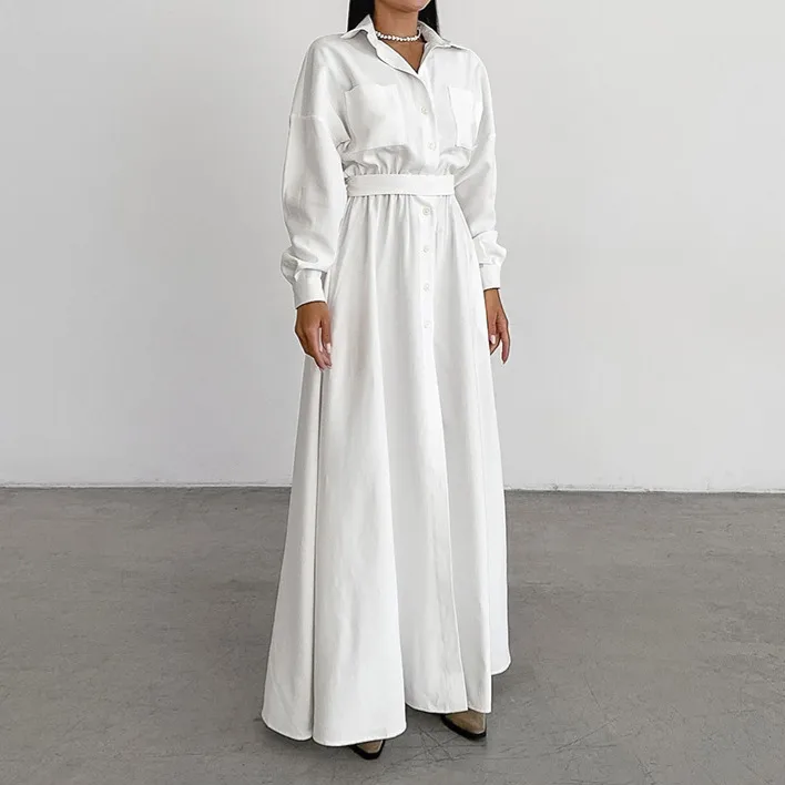 Women's Shirt Dress Elegant Turndown Slit Long Sleeve Solid Color Maxi Long Dress Holiday Daily