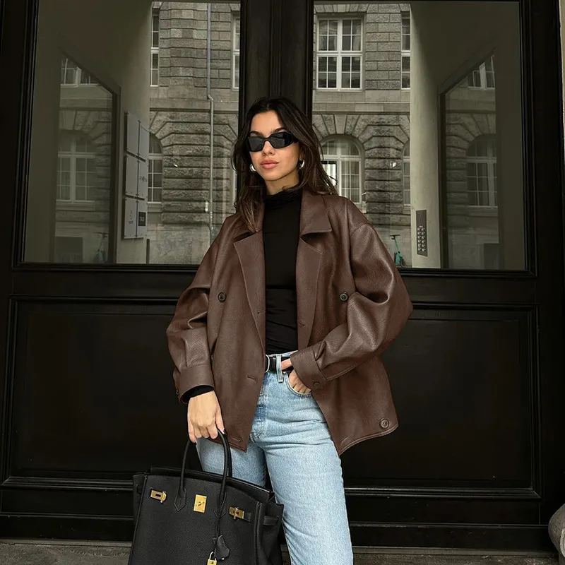 Women's Casual Solid Color Double Breasted Leather Jacket