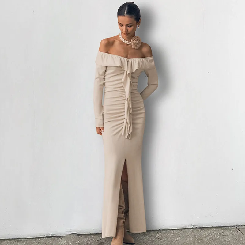 Women's Trumpet Dress Vacation Simple Style Boat Neck Ruffles Long Sleeve Solid Color Maxi Long Dress Holiday