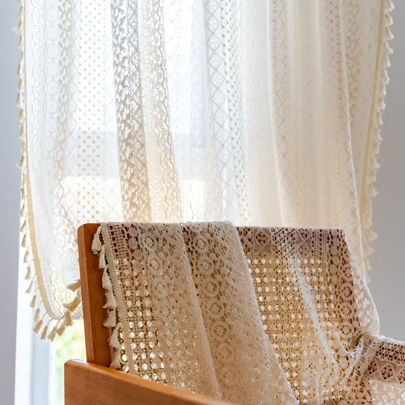 Elegant Tassel Solid Color Lace Fabric Curtains