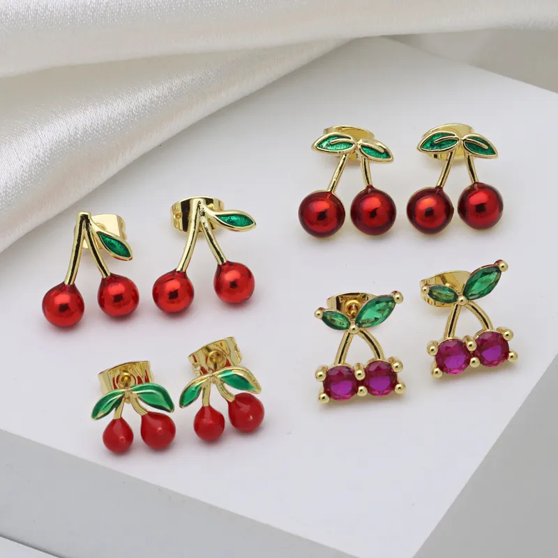 1 Pair IG Style Cherry Enamel Inlay Copper Zircon Ear Studs