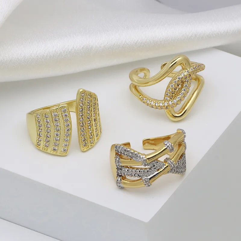 Exaggerated Geometric Copper Mixed Metal Inlay Zircon Women's Open Rings