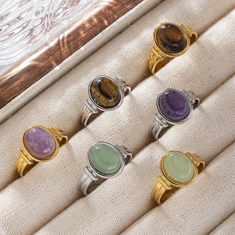 Vintage Style Geometric Titanium Steel Natural Stone Green Aventurine Tiger Eye Women's Open Rings