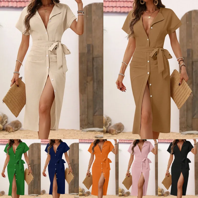 Women's Sheath Dress Casual Elegant V Neck Button Short Sleeve Solid Color Midi Dress Daily