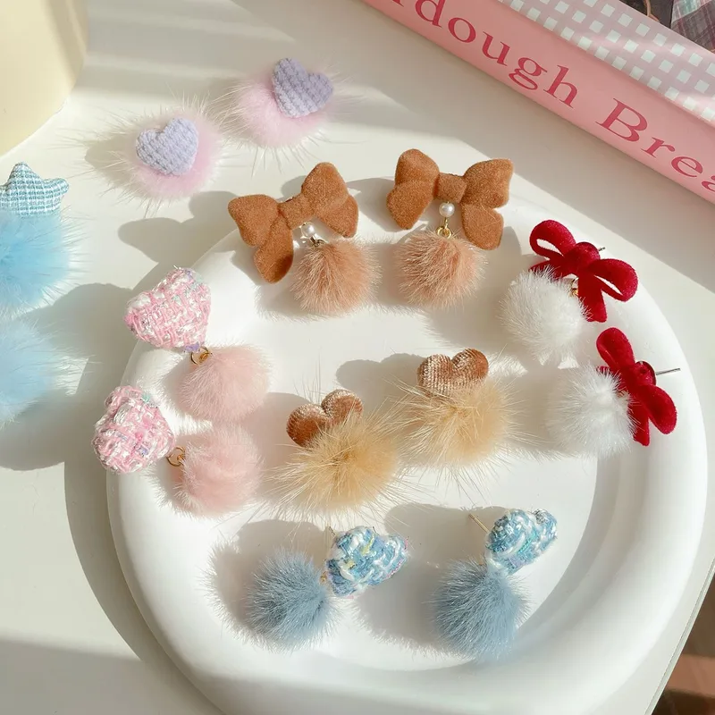 1 Pair Sweet Heart Shape Bow Knot Hairball Drop Earrings Ear Studs
