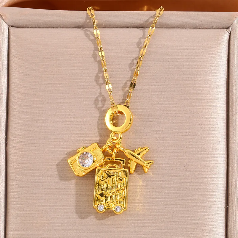 Modern Style Camera Luggage Titanium Steel Copper Irregular Plating Zircon Women's Pendant Necklace