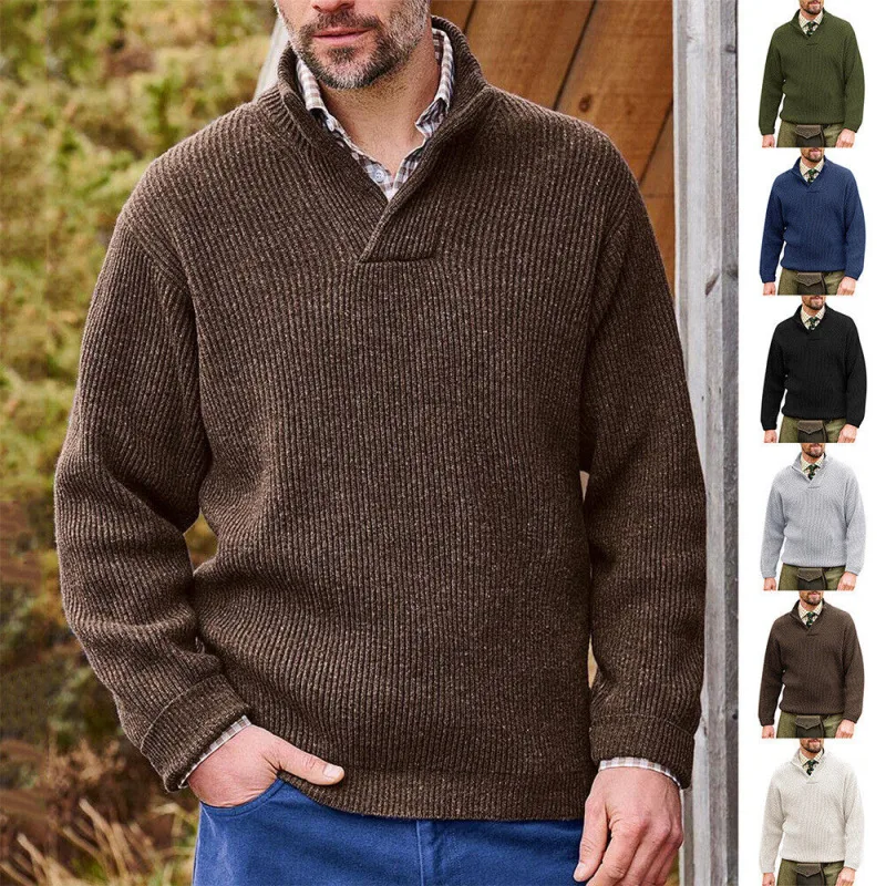 Fashion Casual Men's Clothing  Men's Knitted Pullover Long V-neck Solid Color Sweater Men's Sweater