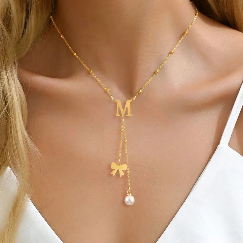 Casual Simple Style Letter Bow Knot 201 Stainless Steel Artificial Pearl Women's Pendant Necklace