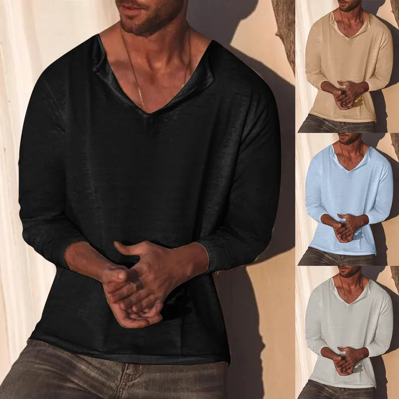 2023  New Arrival Men's Casual Solid Color And V-neck Long Sleeve T-shirt