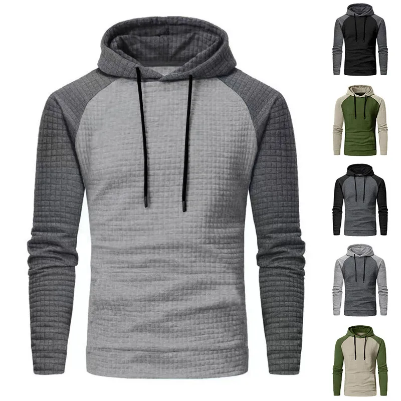 2023 Winter Independent Station New  Men's Color Matching Small Plaid Sweater Casual Slim-Fit Hood Top