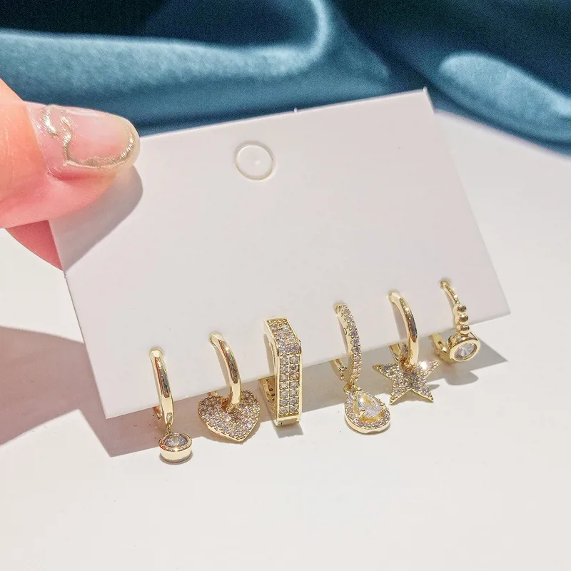 1 Set Elegant Star Water Droplets Heart Shape Plating Copper Zircon Drop Earrings