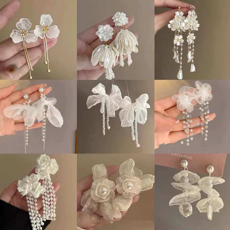 1 Pair Elegant Sweet Flower Bow Knot Imitation Pearl Drop Earrings Ear Studs