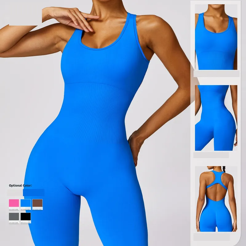 Casual Solid Color Nylon Spandex U Neck Backless Tracksuit Jumpsuits