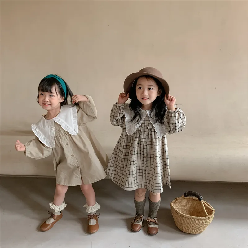 Girl'S Pastoral Plaid Solid Color Cotton Girls Dresses