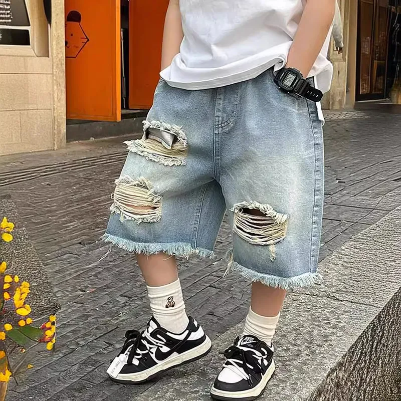 Boy'S Vintage Style Solid Color Ripped Cotton