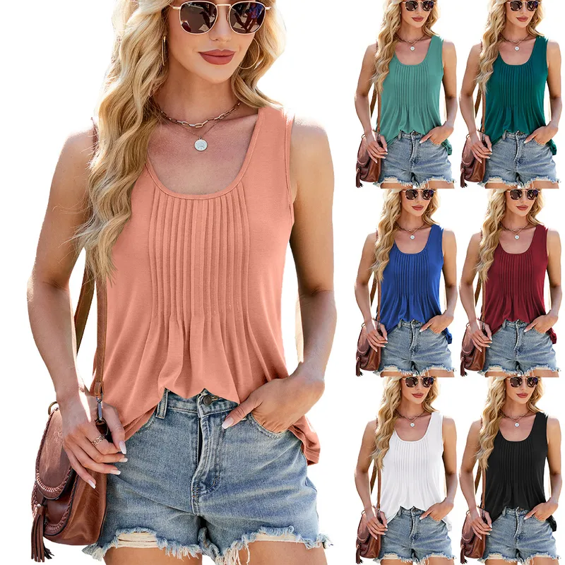 Women's Racerback Tank Tops Sleeveless T-Shirts Pleated Simple Style Solid Color
