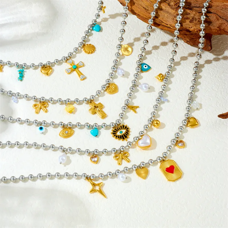 Modern Style Cross Heart Shape Bow Knot 304 Stainless Steel Plating Women's Multi Charms Necklace