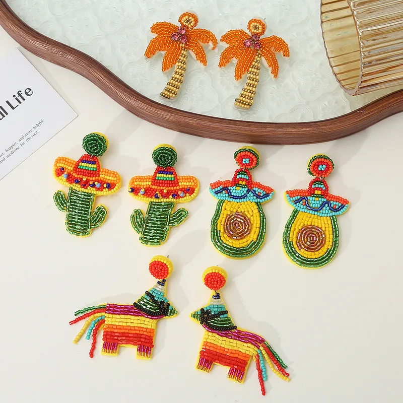 1 Pair IG Style Cactus Coconut Tree Horse Knitting Glass Drop Earrings