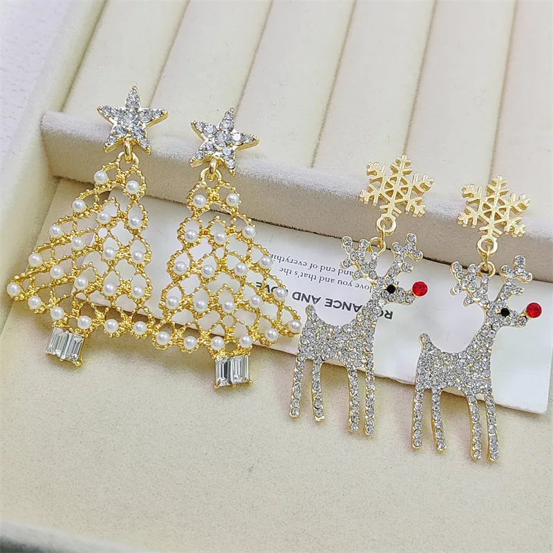 1 Pair IG Style Christmas Tree Snowflake Elk Inlay Alloy Rhinestones Pearl Drop Earrings