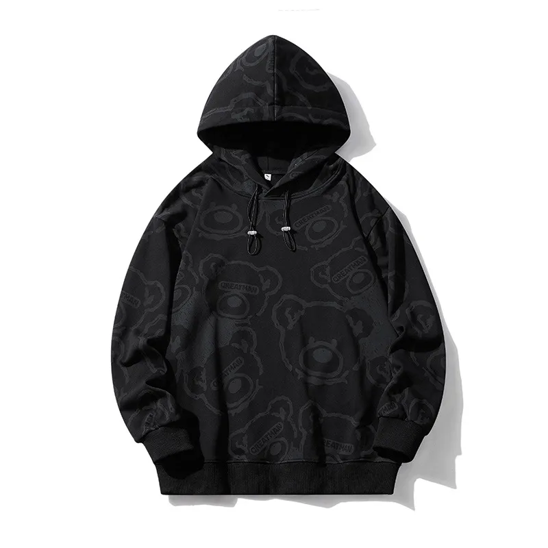 Trendy Men's Cotton Hooded Sweatshirt, Spring - Autumn Bear Print Streetwear, Loose Fit Couple Matching Pullover