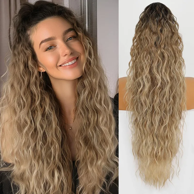 Women's Elegant Retro Sexy Masquerade Christmas Cosplay Chemical Fiber High Temperature Wire Curls Long Curly Hair Ponytail Wig Clips