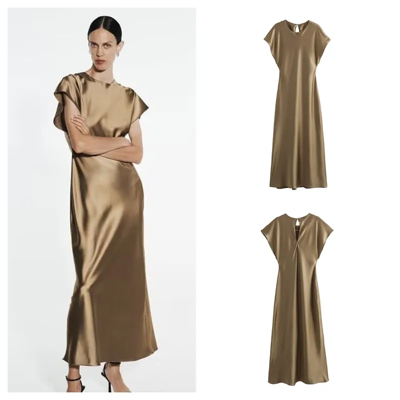 Women's Satin Dress Casual Elegant Streetwear Round Neck Short Sleeve Solid Color Midi Dress Holiday Daily Selfie