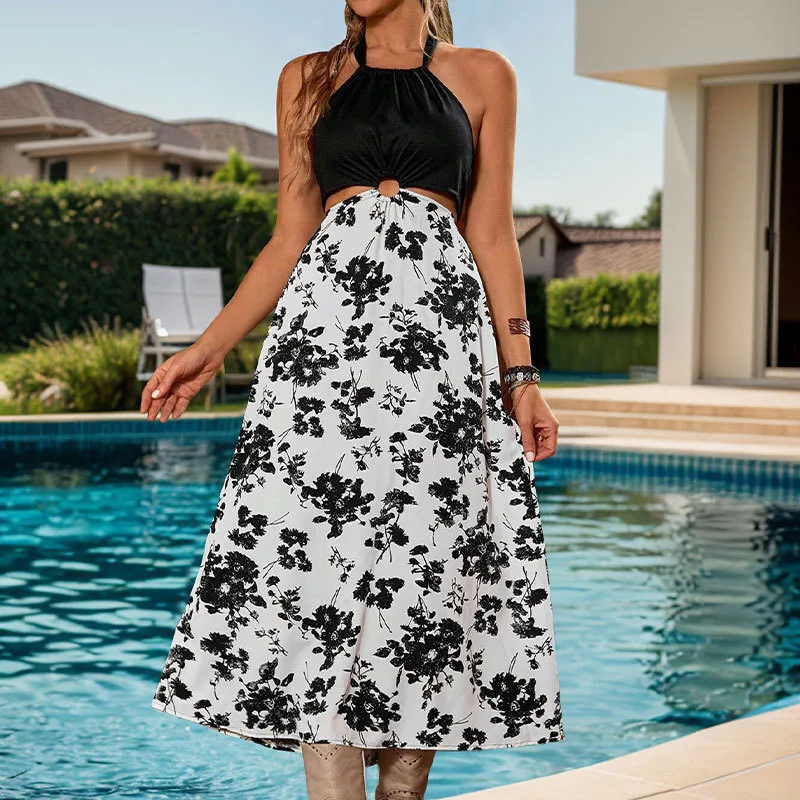 Women's A- Line Skirt Elegant Simple Style Streetwear Halter Neck Hollow Out Sleeveless Flower Midi Dress Holiday Daily Selfie