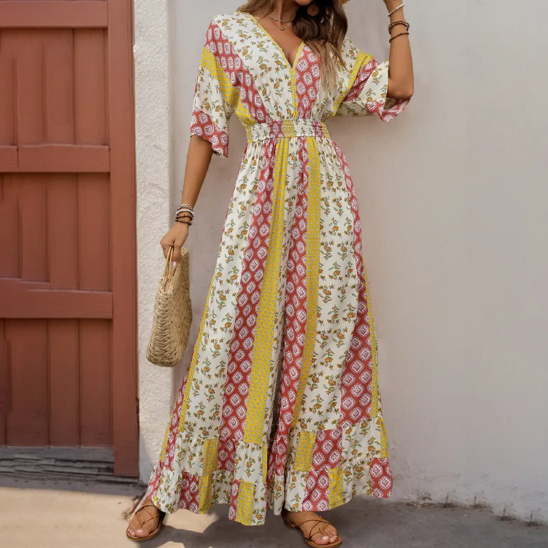 Women's Casual Holiday Bohemian Color Block Full Length Jumpsuits