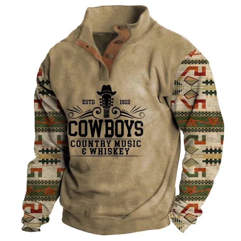 Men's Western Cowboy Print Long Sleeve Button - Up Casual Fashion Jacket Coat