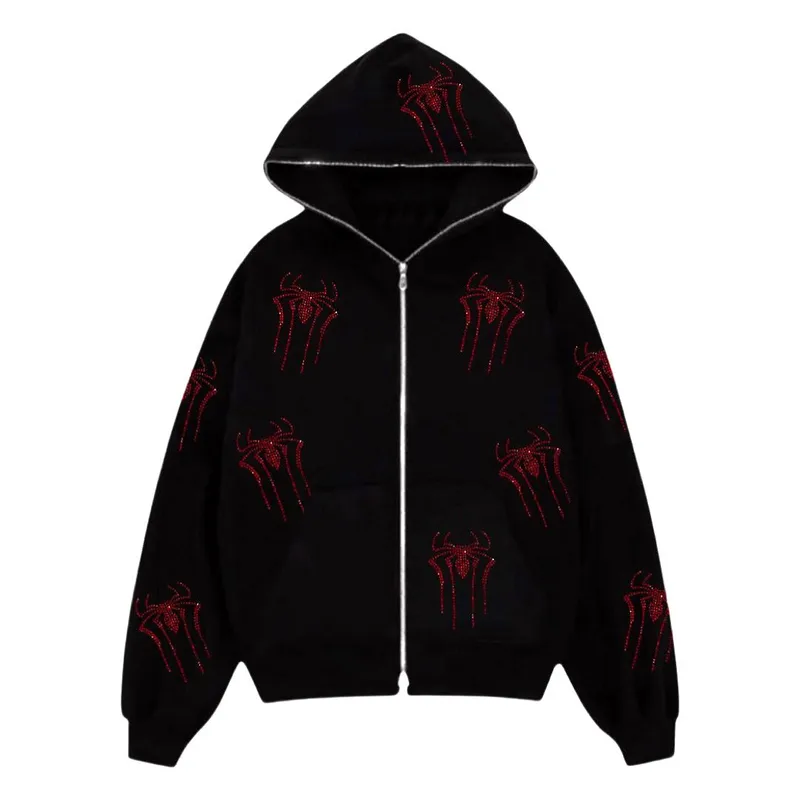 Spider Rhinestone Print Zip - Up Hoodie, Fashion Brand Style Oversized Cardigan Jacket, Unisex Loose Fit Sweatshirt