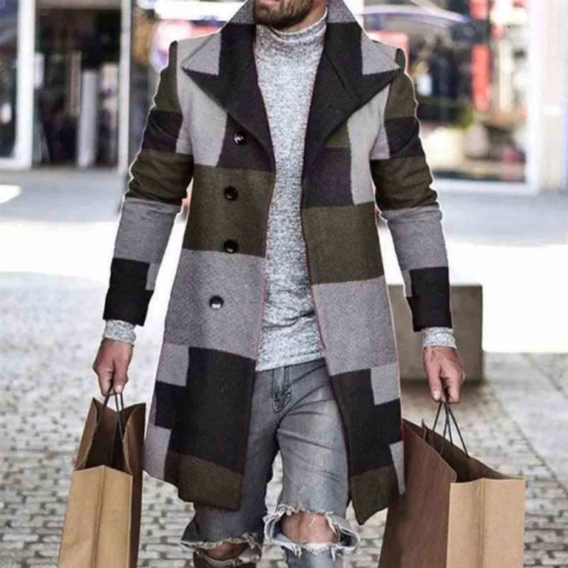 Adults Men's  Solid Color Single Breasted CoatMen's 3D Digital Print Wool Blend Checkered Overcoat With Lapel Collar, Autumn Winter Warm Thick Tweed Coat