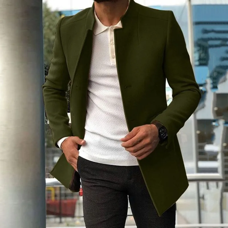 Men's Slim Fit Wool Overcoat Autumn Casual Solid Color Thickened Lined Trench Coat For Young Adults