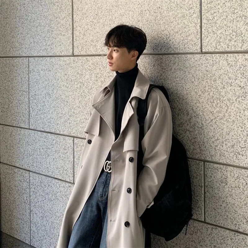Men's Double - Breasted Trench Coat Korean Style Loose Fit Trendy Knee - Length Overcoat Mid - Length Casual Jacket