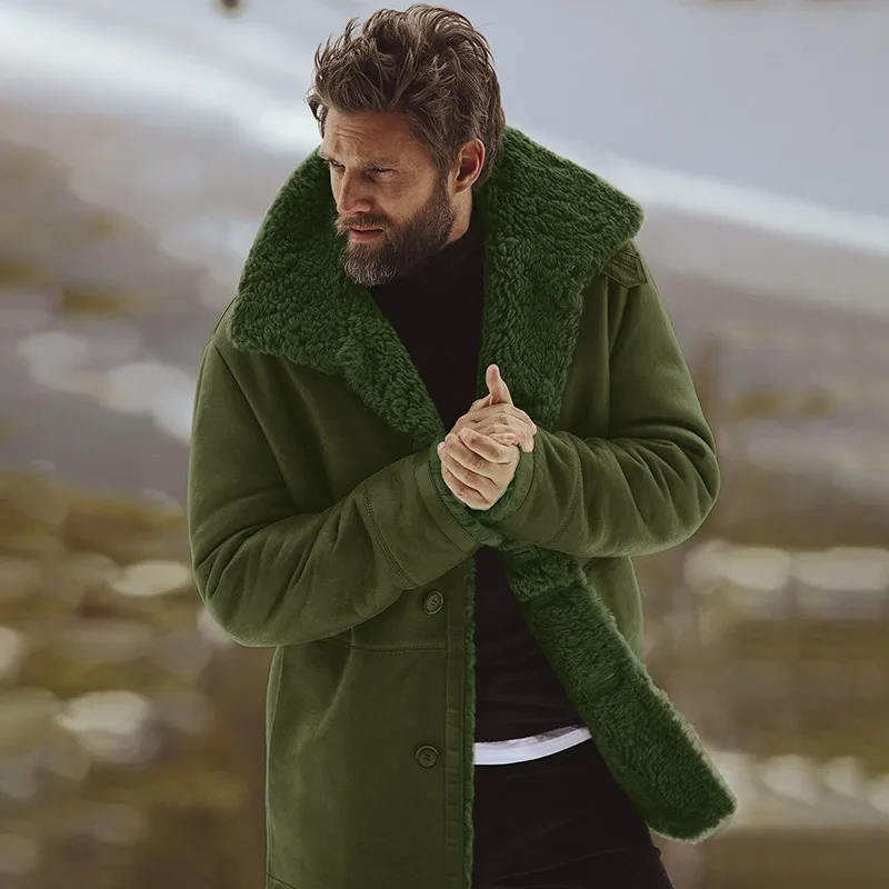Men's Shearling & Wool Blend Hooded Mid-Length Coat - Autumn Winter Warm Fleece Lined Outerwear