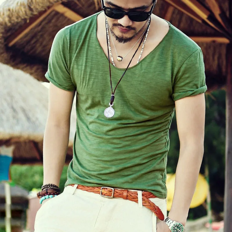 Men's Slim - Fit V - Neck Short Sleeve T - Shirt - Summer Casual Cotton Slub Fabric Top With Henley Collar Design