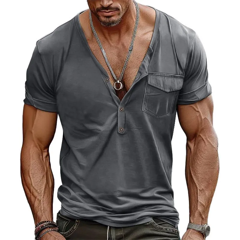 Men's Summer Casual Short Sleeve Henley V - Neck Pocket T - Shirt, Slim Fit Big Size Comfortable Cotton Top