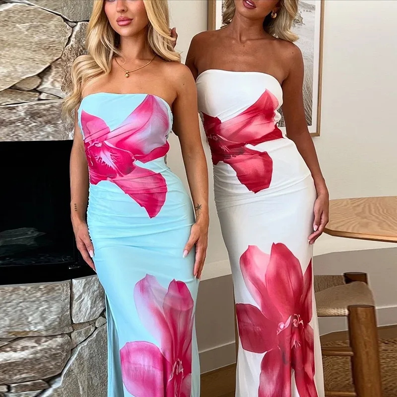 Women's Sheath Dress Sexy Strapless Sleeveless Flower Maxi Long Dress Holiday Daily Selfie