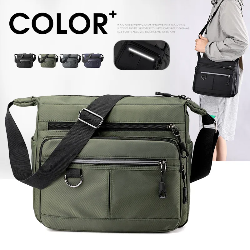 Men's Nylon Solid Color Streetwear Sewing Thread Square Zipper Crossbody Bag