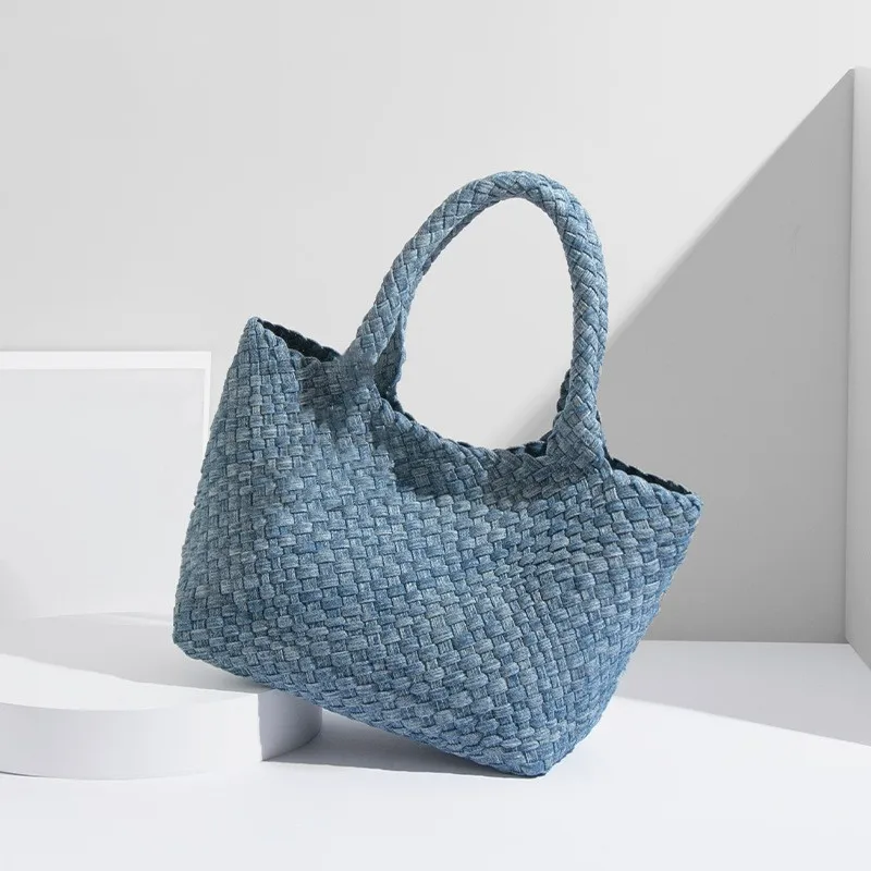 Women's Large Denim Solid Color Streetwear Weave Square Magnetic Buckle Shoulder Bag